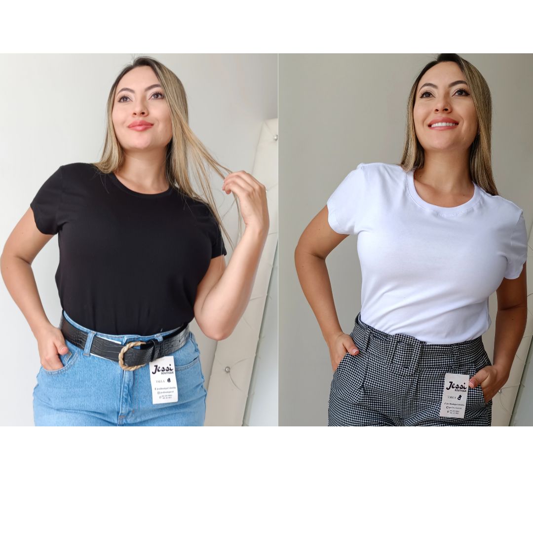 Camiseta básica manga corta de algodón cuello redondo. Modelo usando camiseta negra con jeans y camiseta blanca con pantalón estampado. Jessi Boutique.