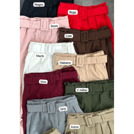 Pantalón sastre tiro alto paper bag con cinturón de hebilla. Lino tela gruesa. Disponible en gris, marrón, rojo, verde militar y más colores. Tallas S a XL. Jessi Boutique.