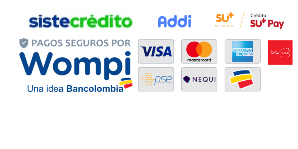 Logos de métodos de pago seguros, incluyendo Sistcrédito, Wompi, Visa, Mastercard, American Express, y más, indicando opciones de pago disponibles en Jessi Boutique.