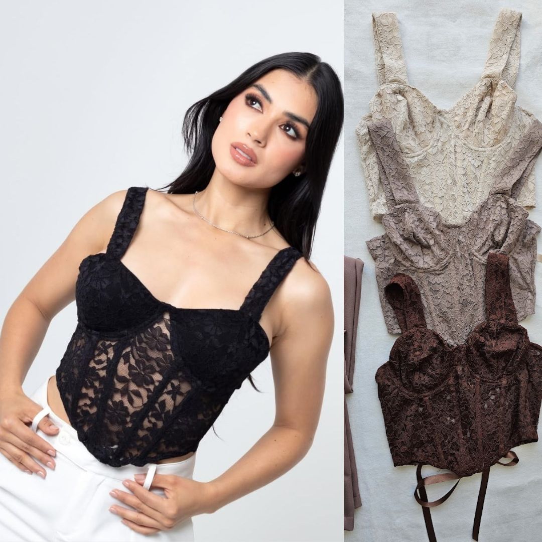 Corset de blonda negra con varillas y tirantes gruesos, de Jessi Boutique. Top corset de encaje variedad de colores