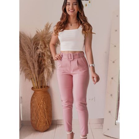 Pantalón sastre tiro alto slim fit con cinturón de hebilla extraíble y cintura entresortada (elástica) atrás. Lino. Rosa y Gris. Jessi Boutique.