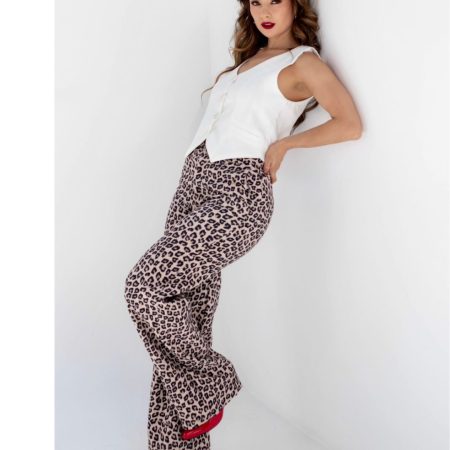 Pantalón sastre wide leg de tiro alto con estampado animal print leopardo. Lino Noche de Viena. Tallas 6, 8 y 10. Jessi Boutique.