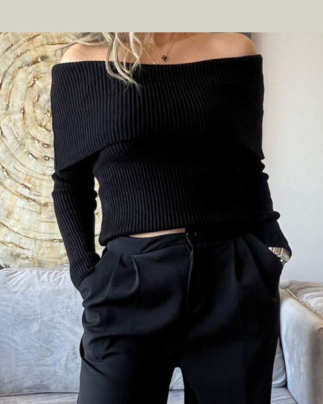 Tejido Off Shoulder Cuello Plegado