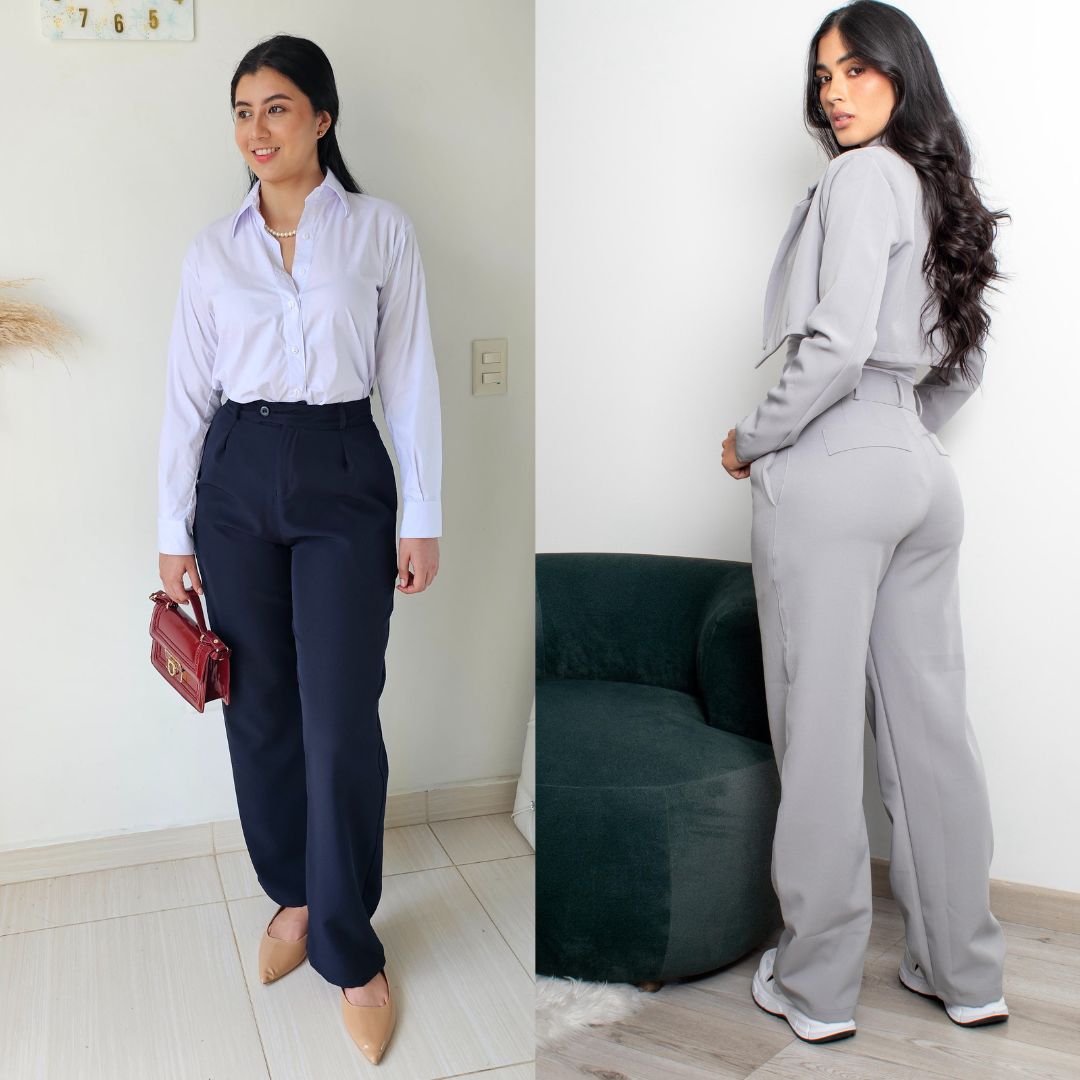Pantalón sastre wide leg o bota ancha de tiro alto. Disponible en negro, blanco, gris, azul cielo, azul marino y marrón. Tallas S a XL. Jessi Boutique.