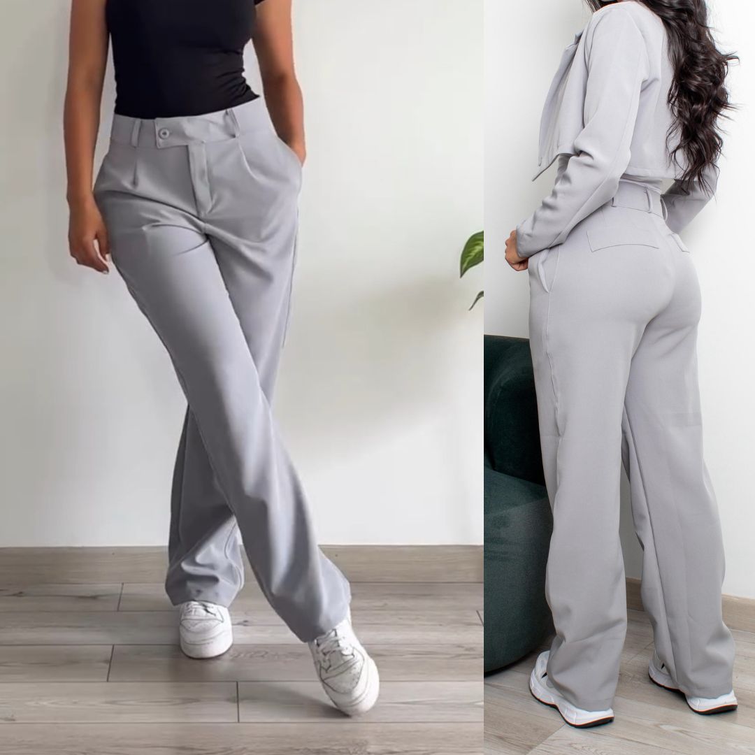 Pantalón sastre wide leg o bota ancha de tiro alto. Disponible en negro, blanco, gris, azul cielo, azul marino y marrón. Tallas S a XL. Jessi Boutique.