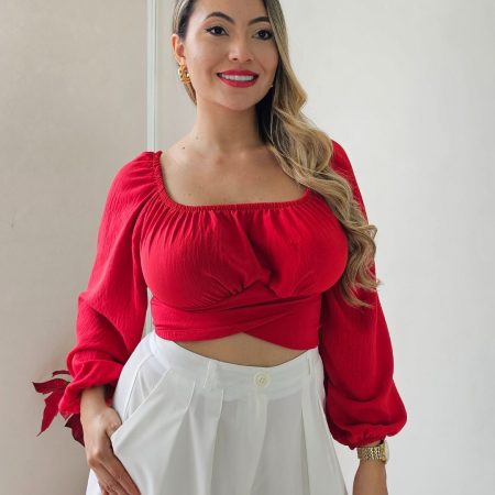 blusa cruzada (wrap) de manga larga con drapeado. escote semi-bandeja o corazón. talla única. disponible en rojo y terracota. jessi boutique.