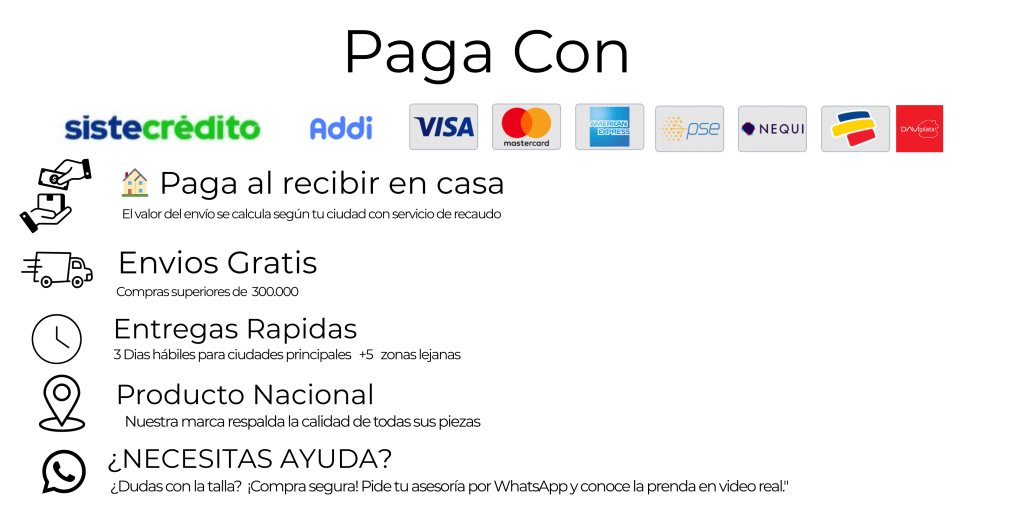 Texto promocional sobre opciones de pago y servicio al cliente, destacando pagos al recibir en casa, envíos gratis, entregas rápidas, productos nacionales y asistencia por WhatsApp.
