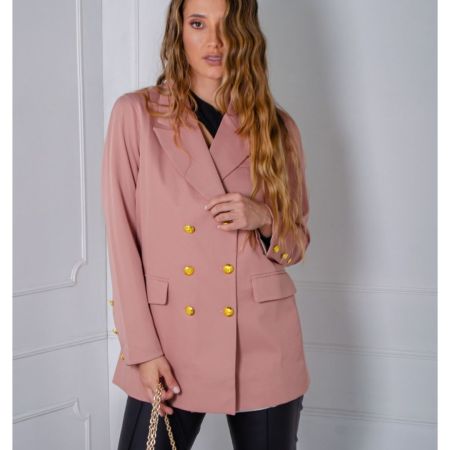 Blazer sastre para mujer en lino con forro interno y botones dorados. Chaqueta elegante disponible en colores rosa, azul celeste, beig