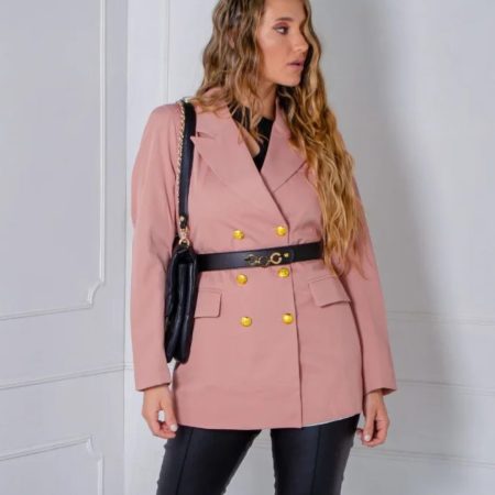 Blazer sastre para mujer en lino con forro interno y botones dorados. Chaqueta elegante disponible en colores rosa, azul celeste, beig