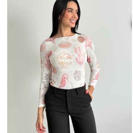 Body manga larga estampado marino para mujer. Body con espalda descubierta y doble tela adelante. Blusa tipo body ajustada con diseño de mar. Moda femenina Jessi Boutique
