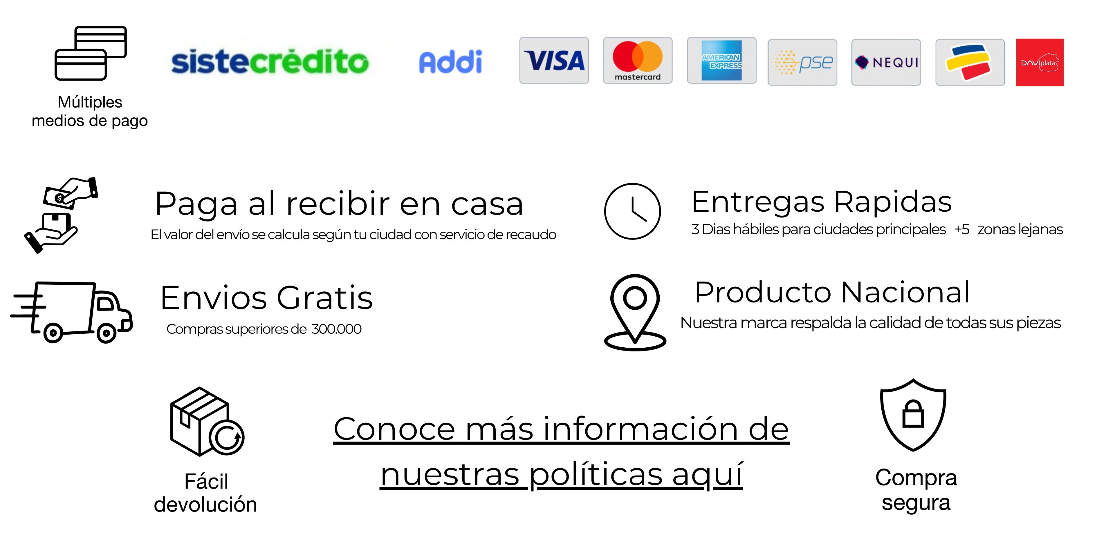 Imagen que destaca opciones de pago, entrega rápida, envíos gratis, producto nacional y políticas de devolución en un sitio web comercial.